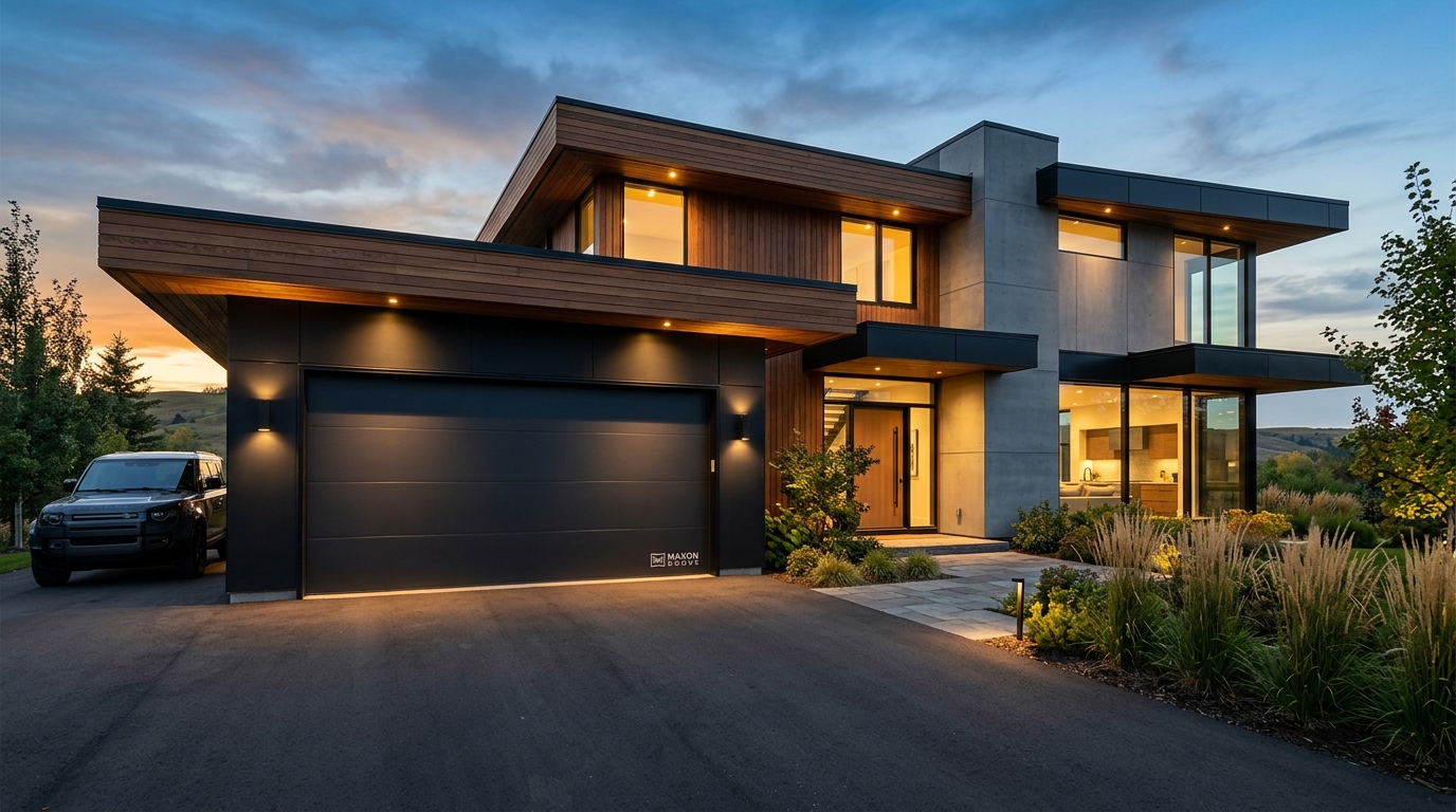 Modern charcoal flush garage door installed on a Winnipeg home